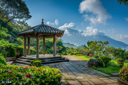 A gazebo stands in the center of a garden, surrounded by lush greenery, with majestic mountains visible in the background, A new title and increased responsibilitiesの素材