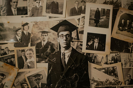 An old photo shows a man in a graduation cap and gown surrounded by various photos, creating a nostalgic collage, A nostalgic collage of photos from the graduate's academic journeyの素材