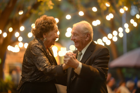 An elderly couple joyfully dancing together in a nostalgic moment, A nostalgic portrait of an elderly couple dancing at their anniversaryの素材