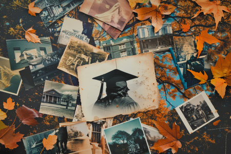 An arrangement of old photos capturing people holding umbrellas in various settings and poses, A nostalgic collage of photos from the graduate's academic journeyの素材