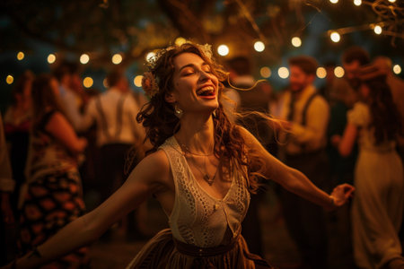 A woman in a dress joyfully dances at a vibrant party filled with music and celebration, A night filled with laughter and dancingの素材