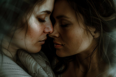 Two women of different generations standing side by side, A nostalgic image of a mother and adult child sharing a tender momentの素材