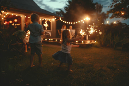A group of people, including children, standing outside a house, holding sparklers, A nostalgic scene of children playing with sparklers in a backyardの素材