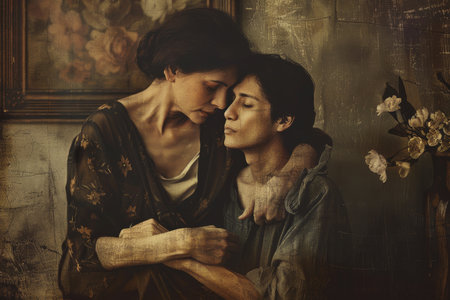 A painting depicting two women, possibly a mother and adult child, sharing a warm embrace, A nostalgic image of a mother and adult child sharing a tender momentの素材