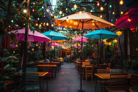 A patio set up with tables, umbrellas, and twinkling string lights for outdoor dining, A outdoor patio with twinkling string lights and colorful umbrellasの素材