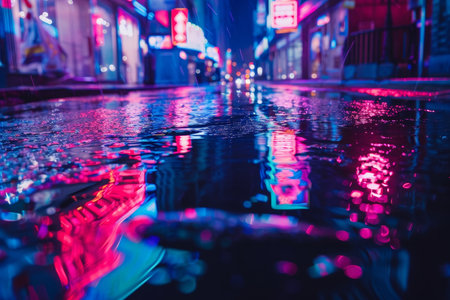 A city street at night with neon lights reflecting off a puddle of water on the pavement, A nighttime scene of neon lights reflecting off wet pavementの素材