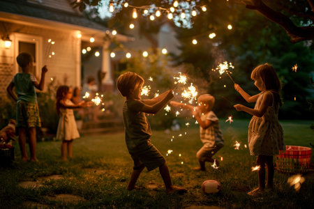Group of children having fun and safely playing with sparklers outdoors in a yard, A nostalgic scene of children playing with sparklers in a backyardの素材