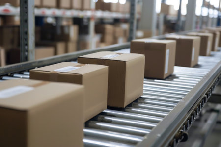 Boxes being transported on a conveyor belt in a busy warehouse setting, A package containing multiple tests for repeated accuracyの素材