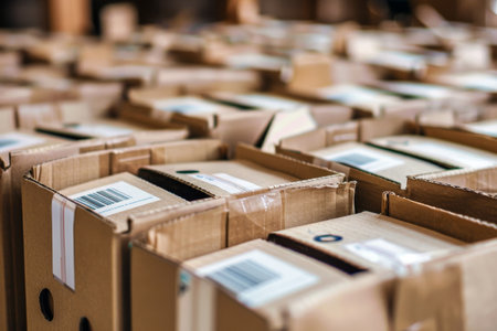Numerous boxes are neatly stacked on top of each other in a warehouse setting, A package containing multiple tests for repeated accuracyの素材