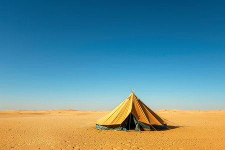 A nomadic tent stands alone in the expansive desert landscape under the clear sky, A nomadic tent on the horizon surrounded by endless sandの素材