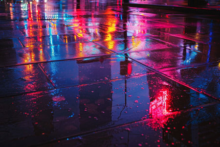 A city street illuminated by neon lights on a rainy night, with water creating reflections on the pavement, A nighttime scene of neon lights reflecting off wet pavementの素材