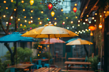 Outdoor patio setting with multiple tables topped with hanging umbrellas, twinkling string lights overhead, A outdoor patio with twinkling string lights and colorful umbrellasの素材