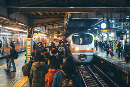 Crowd of commuters waiting for train arrival at a busy station platform, A packed train station with commuters rushing to catch their trainsの素材