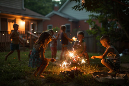 Kids sit around fire pit, playing with sparklers in a nostalgic scene, A nostalgic scene of children playing with sparklers in a backyardの素材