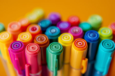 A detailed view showing a variety of colorful pens in close proximity, A pack of colorful markers and pensの素材