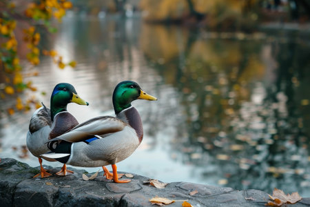 A couple of ducks standing on a rock by a pond, A pair of ducks waddling by a serene pondの素材