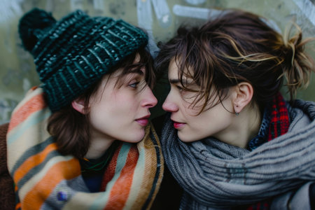 A couple of women standing next to each other, talking and sharing a moment, A pair of best friends sharing a heartfelt conversationの素材