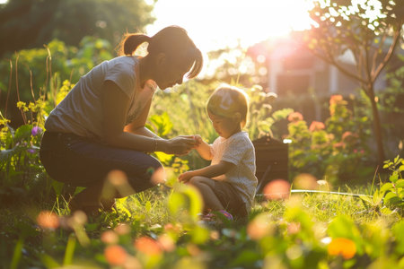 A woman kneels next to a little girl in a garden, engaging in a conversation or activity together, A parent and child playing together in a gardenの素材