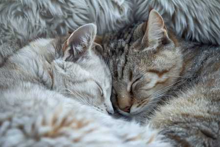 A pair of mismatched fur siblings cuddled up next to each other, peacefully sleeping, A pair of mismatched fur siblings cuddled up togetherの素材
