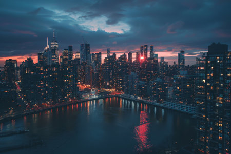 City Night View From Rooftop, A panoramic view of a bustling city skyline at dusk, with twinkling lights reflecting on the river belowの素材