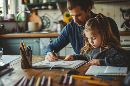 A man and a little girl are seated at a table, engaged in an activity together, A parent and child working together at the kitchen table, surrounded by notebooks and pensの素材