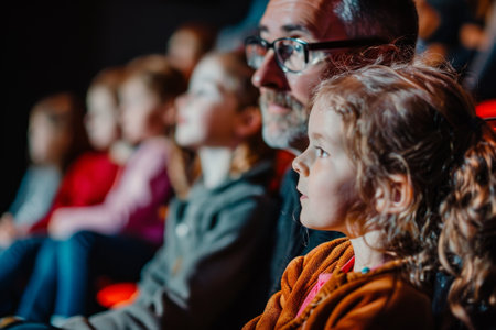 A group of individuals seated in a straight line watching a movie together. A parent proudly observes their child, A parent watching proudly as their child performs in a school playの素材