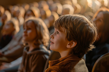 A group of individuals seated in front of a large audience, with one person looking proudly at a performer on stage, A parent watching proudly as their child performs in a school playの素材
