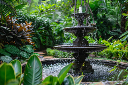 Water fountain bubbling in the midst of green plants and foliage in a garden setting, A peaceful garden with a bubbling fountain and lush greeneryの素材