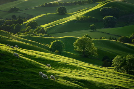 Sheep peacefully grazing on a vibrant green hillside under the sunny sky, A peaceful countryside scene with grazing sheep and rolling hills in shades of greenの素材