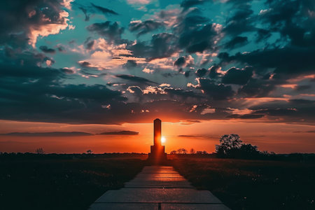 The sun is setting behind a tall tower, creating a striking silhouette against the darkening sky, A peaceful image of a sunset over a battlefield memorialの素材
