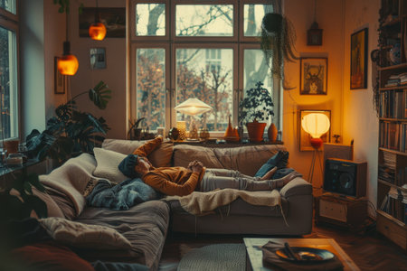 A person laying comfortably on a couch in a cozy living room setting, A peaceful moment of togetherness in a cozy living roomの素材