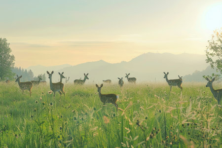 A herd of deer stands on a vibrant green field, grazing peacefully under the open sky, A peaceful meadow dotted with grazing deer and rabbitsの素材
