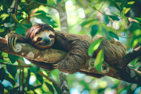A sloth is resting soundly while hanging from a tree branch, A peaceful sloth hanging lazily from a tree branchの素材