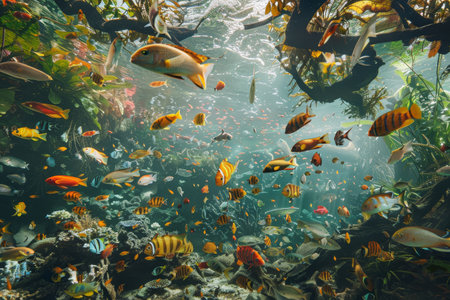Varied fish species swimming in crowded aquarium setting, A peaceful underwater scene teeming with marine lifeの素材