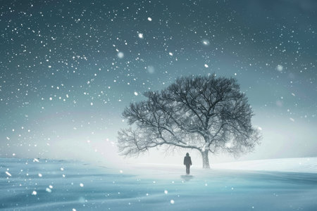 A person standing under a snow-covered tree, surrounded by winter landscape, A peaceful winter scene with a solitary figure walking in the snowの素材