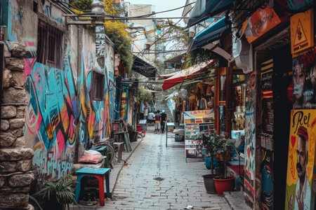 A narrow alley with vibrant graffiti covering the walls, A narrow alleyway lined with colorful graffiti and street vendorsの素材