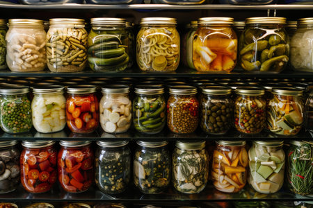 A refrigerator packed with an assortment of food items, including fruits, vegetables, dairy products, and meats, A neatly organized display of various canned vegetablesの素材