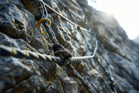 Rock Wall With Attached Rope, A network of ropes and anchors snakes its way up the cliff, a testament to the teamwork and preparation required for a successful ascentの素材
