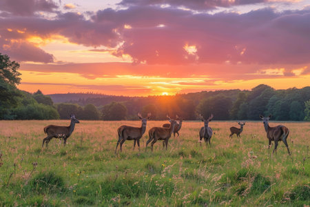 A herd of deer stands on top of a grassy field, A peaceful meadow dotted with grazing deer under a pastel sunset skyの素材