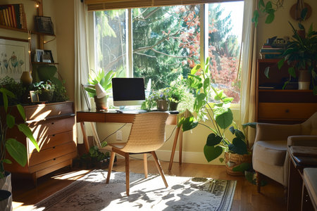 A room featuring a desk, chair, and laptop, ideal for a productive work environment, A peaceful home office with natural light and plantsの素材