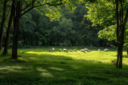 Group of sheep grazing on vibrant green pasture in the countryside, A peaceful scene featuring a group of sheep grazing in a green pastureの素材