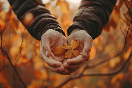 Hands holding a leaf, showcasing natures beauty, A pair of hands intertwined, showcasing beautiful autumn foliage in the backgroundの素材