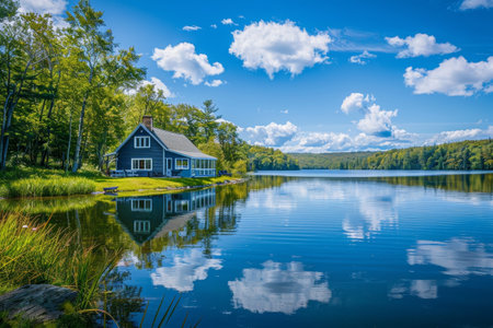 A house stands by the shore of a calm lake under a clear blue sky, A peaceful lakeside retreat, with a clear blue sky reflected in the waterの素材