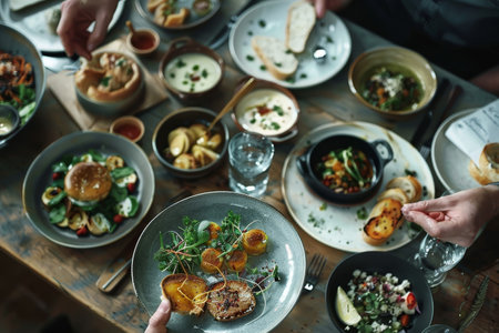 A wooden table displaying an assortment of plates filled with delicious food ready to be enjoyed, A personalized selection of dishes tailored to your preferencesの素材