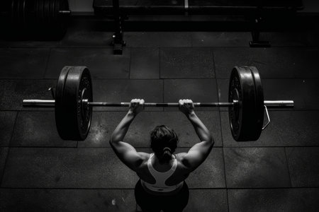 A man lifting a heavy barbell above his head in a gym, A person lifting a heavy barbell above their headの素材