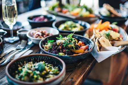 A wooden table displaying various bowls of delicious food, A personalized selection of dishes tailored to your preferencesの素材