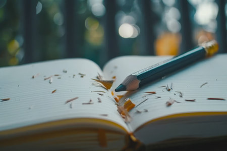 An open book with a pencil sticking out of it, showcasing the arts and creativity, A pencil and sketchbook representing the arts and creativity in educationの素材