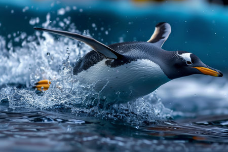 A penguin gracefully splashes in the water, wings extended, A penguin diving gracefully into icy watersの素材