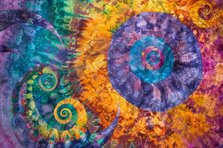 A painting featuring three intricate spirals on a vibrant purple background, A psychedelic tie-dye pattern with intricate swirls and spiralsの素材