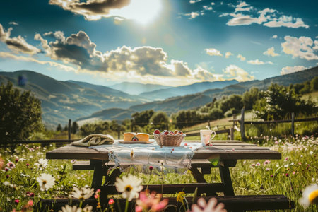 A picnic table set up for a meal in the middle of a vast field, A quaint picnic table set up for a meal under the open skyの素材